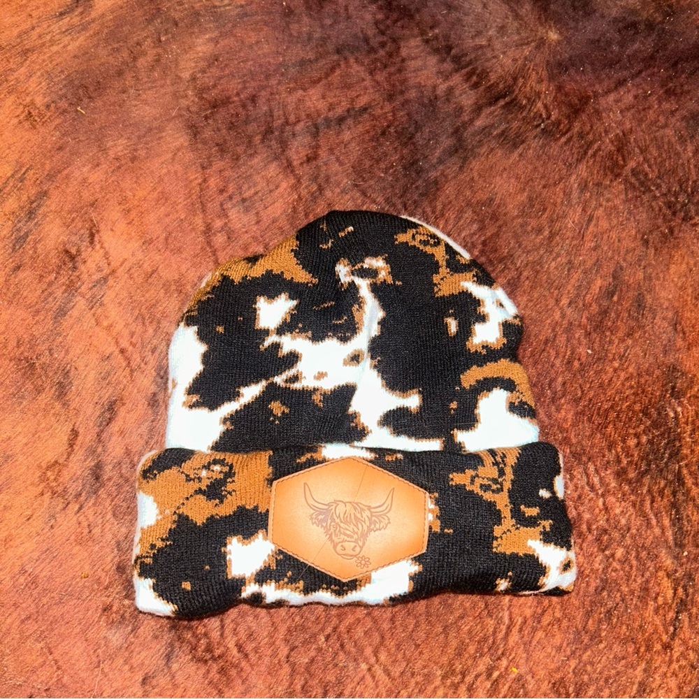 Cow Print Beanie with Leather Patch